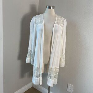 Knox Rose Womens Large White Open Front Cardigan Embroidered Floral Lace Duster